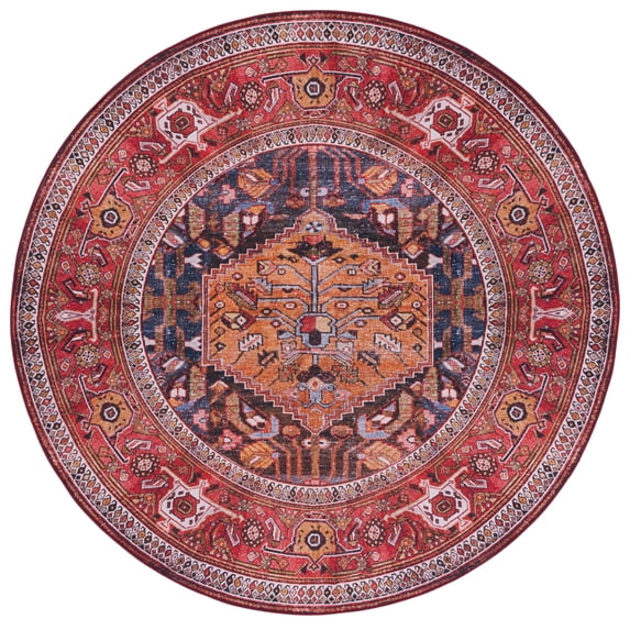 SAFAVIEH Tucson Regent Oriental Machine Washable Area Rug, Navy/Rust, 8' x 8' Round