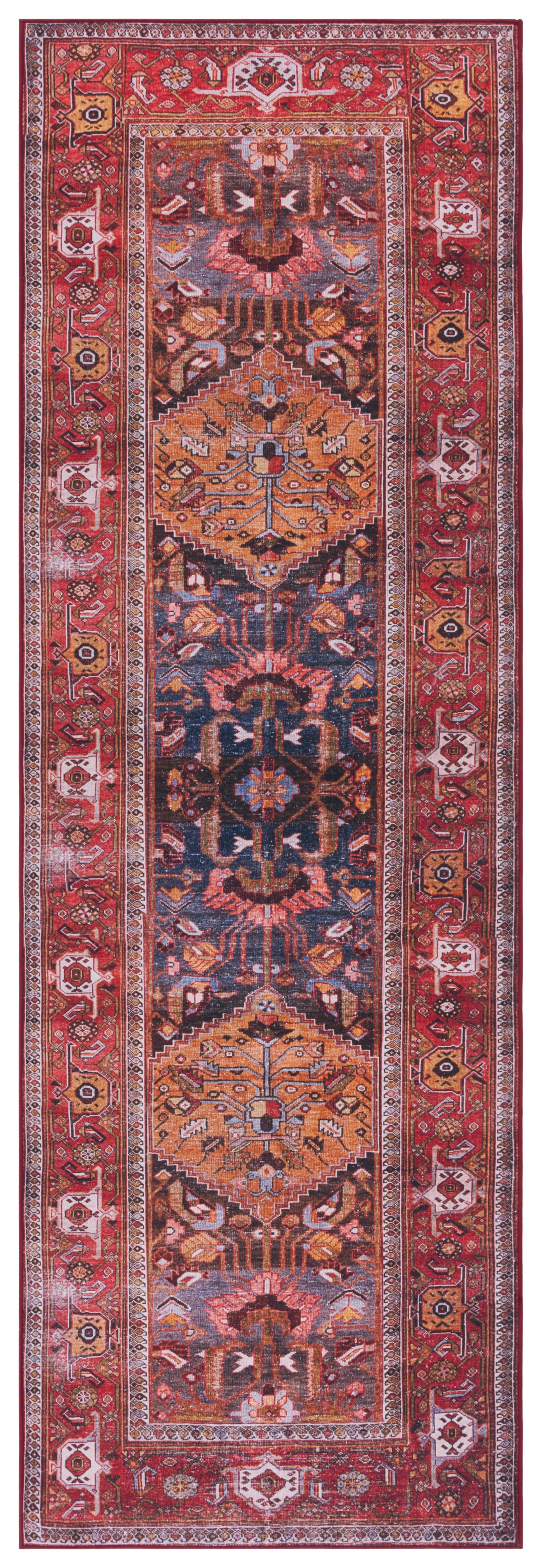 SAFAVIEH Tucson Regent Traditional Machine Washable Runner Rug, Navy/Rust, 2'6" x 12'