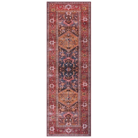 SAFAVIEH Tucson Regent Traditional Machine Washable Runner Rug, Navy/Rust, 2'6" x 6'