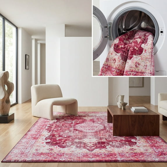 SAFAVIEH Tucson Rorie Medallion Machine Washable Area Rug, Burgundy/Pink, 4' x 6'