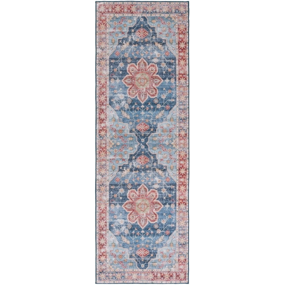 SAFAVIEH Tucson Salem Oriental Machine Washable Runner Rug, Blue/Rust, 2'6" x 22'