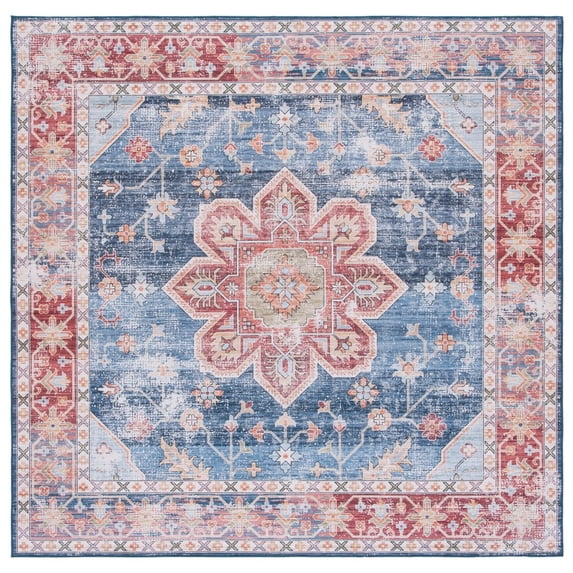 SAFAVIEH Tucson Salem Traditional Machine Washable Area Rug, 4' x 4' Square, Blue/Rust