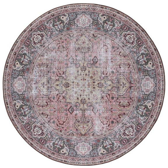 SAFAVIEH Tucson Sally Traditional Machine Washable Area Rug, 6' x 6' Round, Pink/Beige