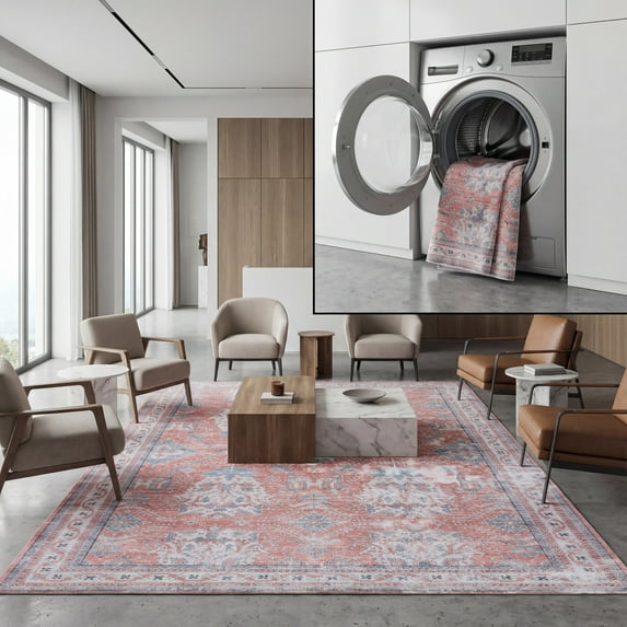 SAFAVIEH Tucson Seanan Traditional Machine Washable Area Rug, 5' x 8', Rust/Beige
