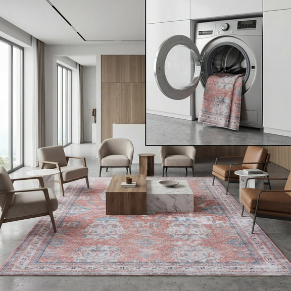 SAFAVIEH Tucson Seanan Traditional Machine Washable Area Rug, 5' x 8', Rust/Beige