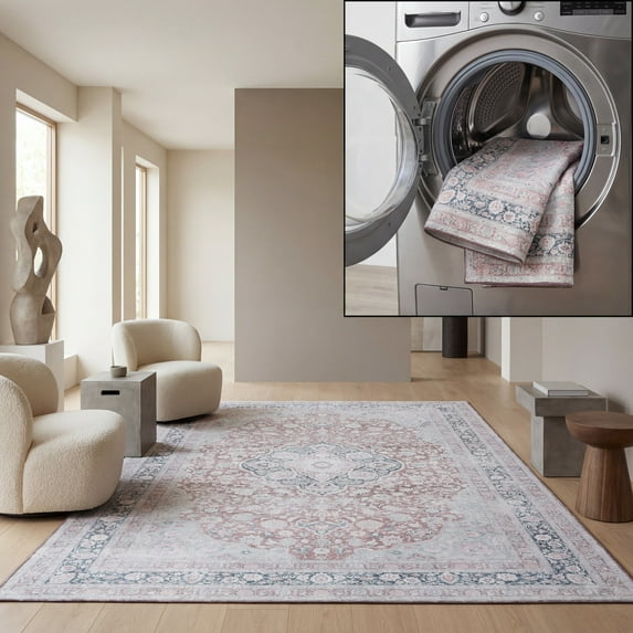 SAFAVIEH Tucson Stacy Traditional Machine Washable Area Rug, 5' x 8', Rust/Sage