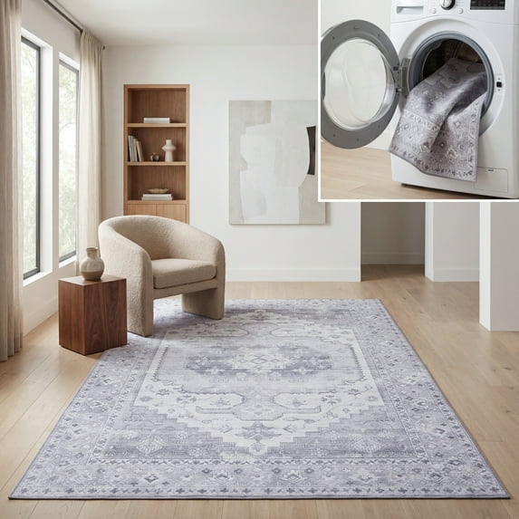 SAFAVIEH Tucson Tanja Oriental Machine Washable Area Rug, Light Gray, 4' x 6'