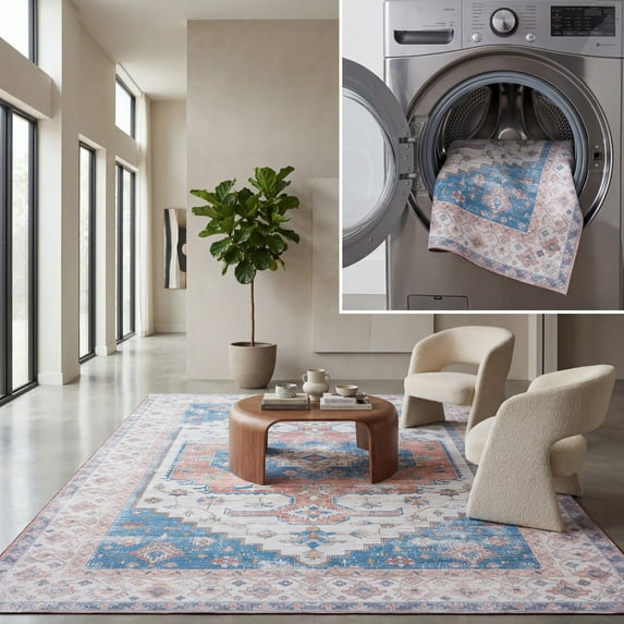 SAFAVIEH Tucson Tanja Traditional Machine Washable Area Rug, 4' x 6', Beige/Blue
