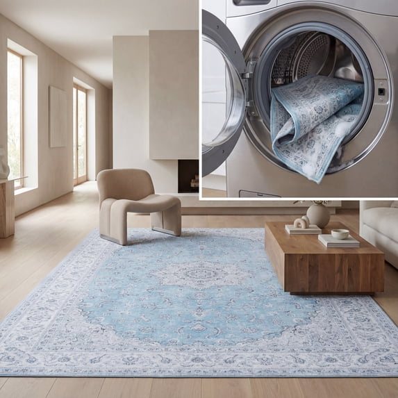 SAFAVIEH Tucson Taylor Traditional Machine Washable Area Rug, 6' x 6' Square, Blue/Grey
