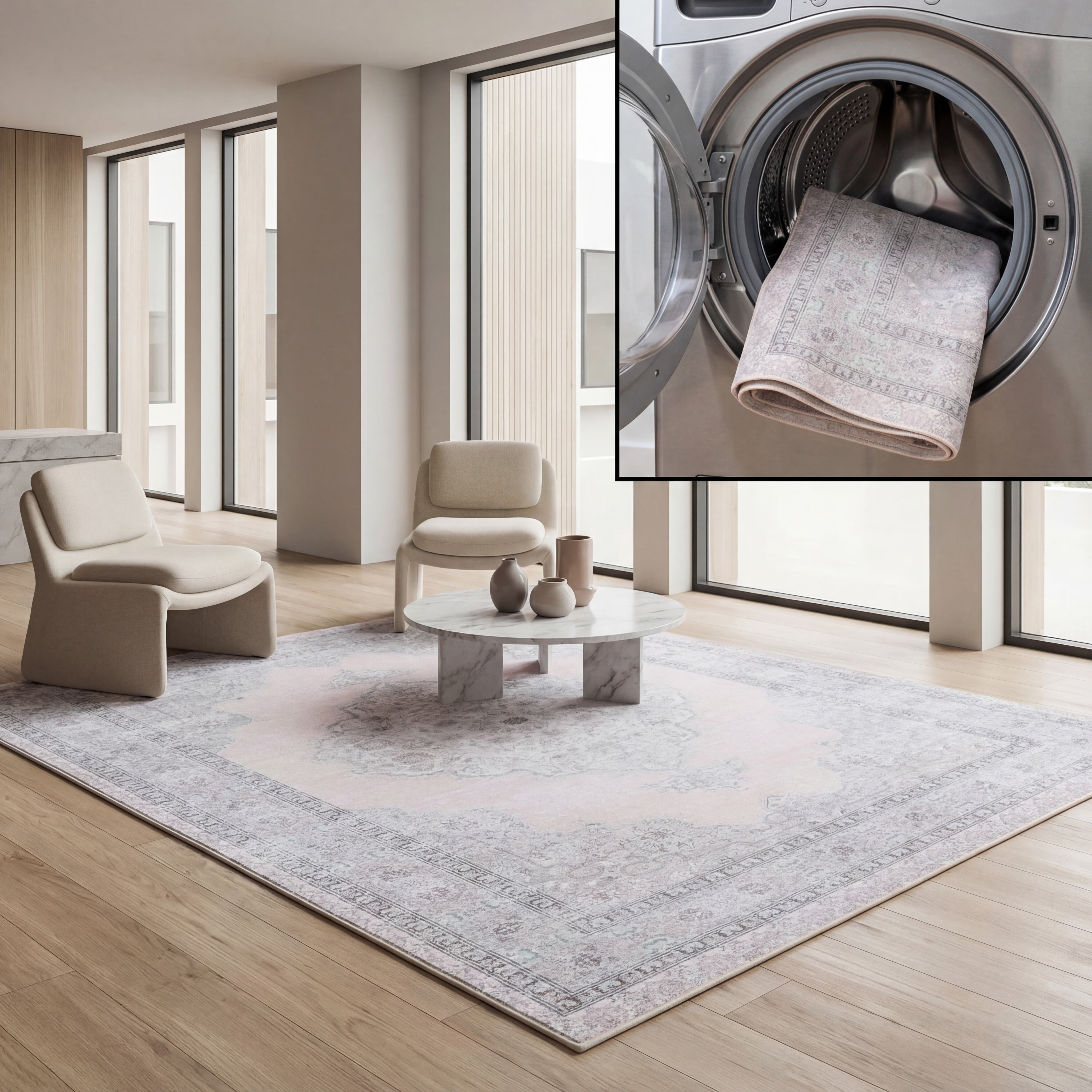 SAFAVIEH Tucson Toby Traditional Machine Washable Area Rug, 4' x 6', Beige/Light Green