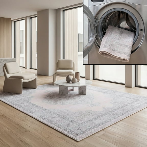 SAFAVIEH Tucson Toby Traditional Machine Washable Area Rug, 5' x 8', Beige/Light Green