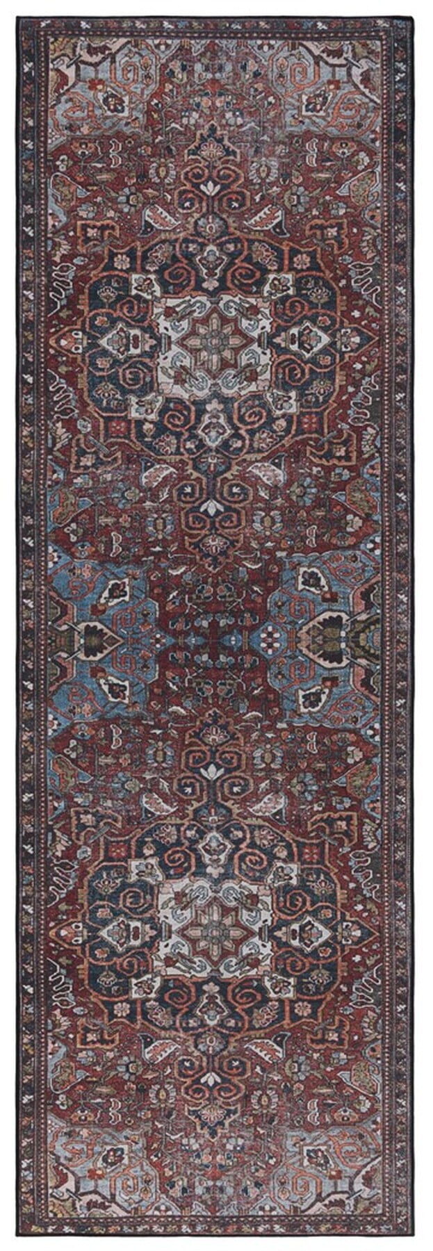 Red and Blue Traditional Machine Washable Runner Rug