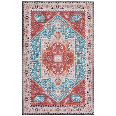 SAFAVIEH Tucson Willoughby Traditional Machine Washable Area Rug, 5' x 8', Aqua/Rust