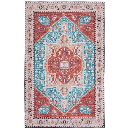 SAFAVIEH Tucson Willoughby Traditional Machine Washable Area Rug, 5' x 8', Aqua/Rust
