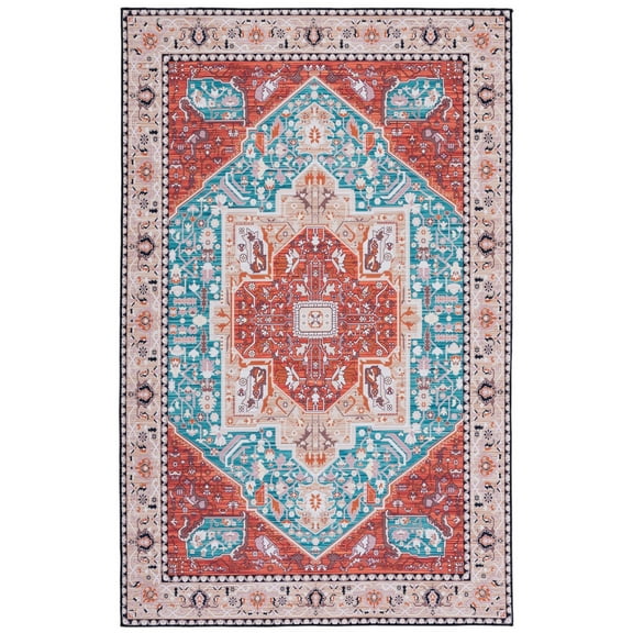 SAFAVIEH Tucson Willoughby Traditional Machine Washable Area Rug, 5' x 8', Aqua/Rust