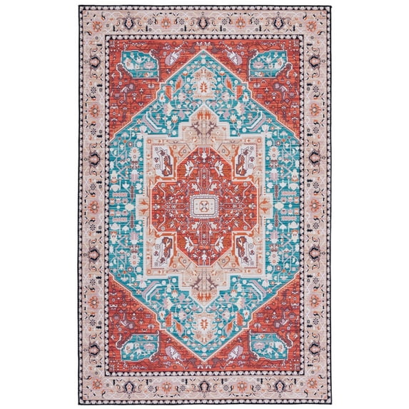 SAFAVIEH Tucson Willoughby Traditional Machine Washable Area Rug, 6' x 9', Aqua/Rust