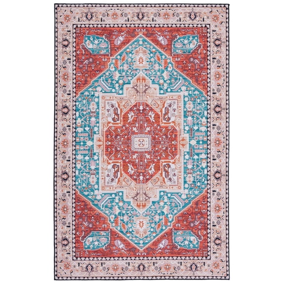 SAFAVIEH Tucson Willoughby Traditional Machine Washable Area Rug, 9' x 12', Aqua/Rust