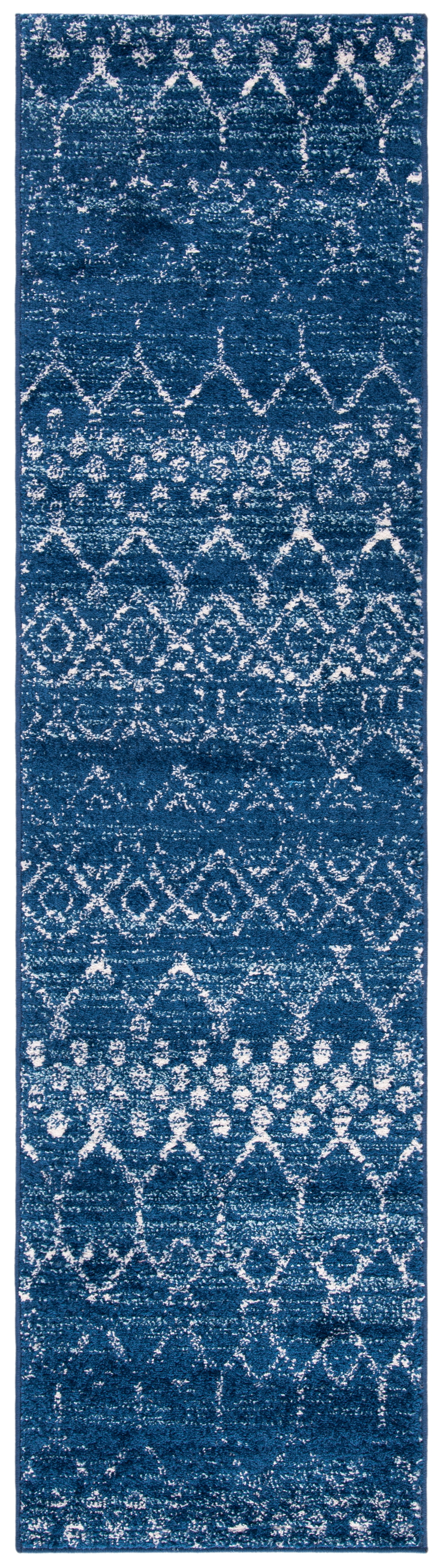 Boho-Chic Blue/Ivory Geometric Hand-Knotted Runner Rug