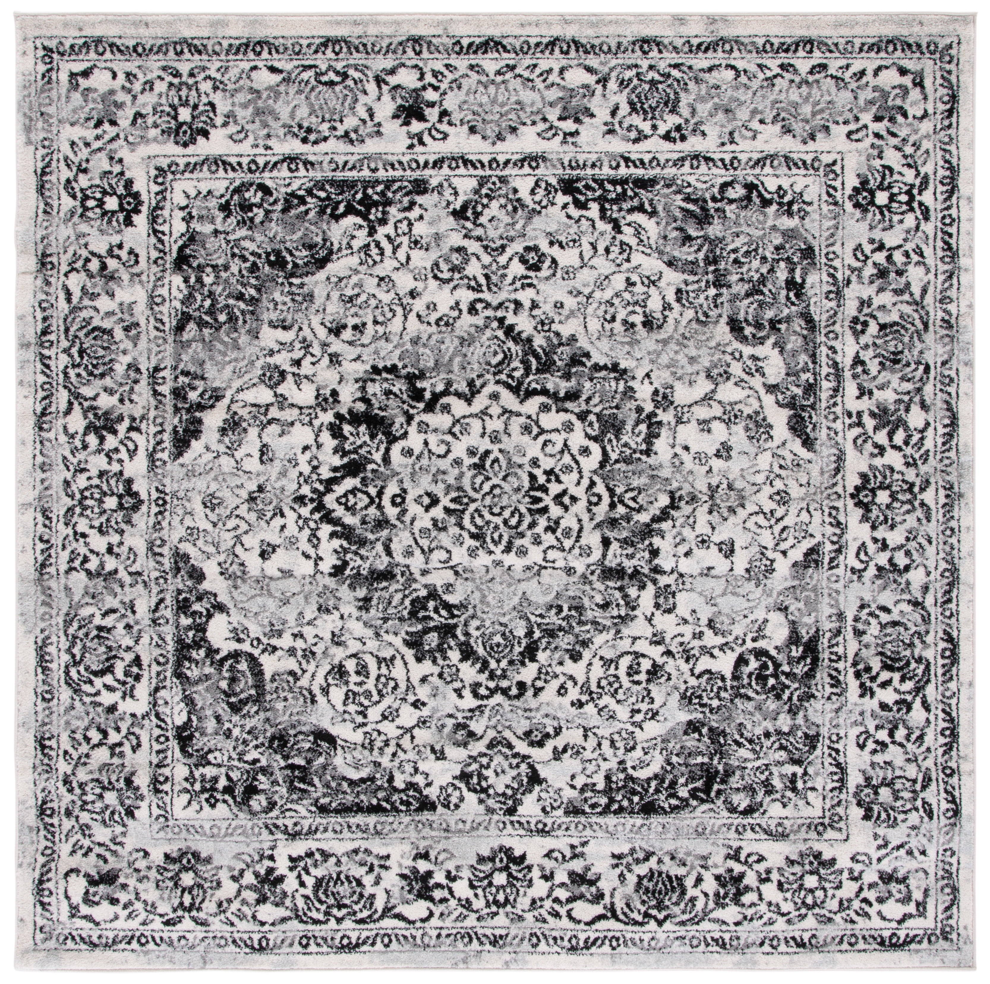 Ivory and Black Square Synthetic Stain-resistant Area Rug, 8' x 8'
