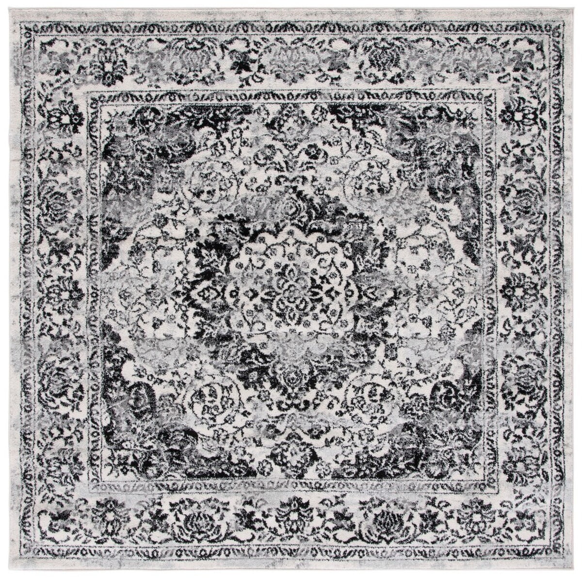 Ivory and Black Square Synthetic Area Rug