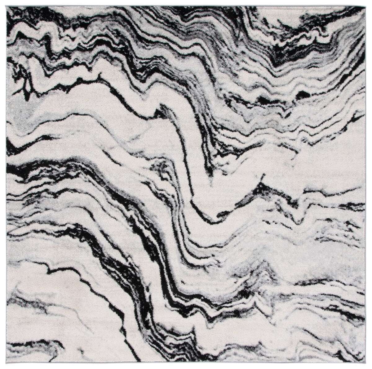 Ivory and Black Square Synthetic Area Rug