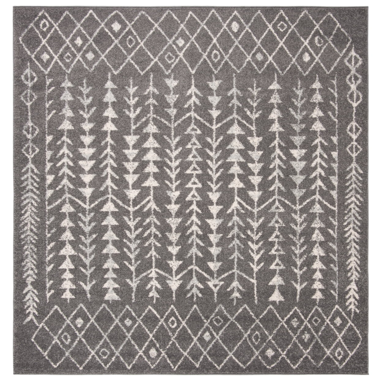 Dark Grey and Ivory Square Synthetic Boho Area Rug