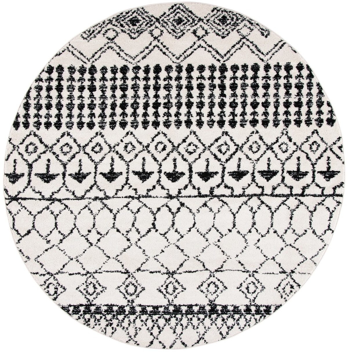 Ivory and Black Round Synthetic Moroccan Area Rug