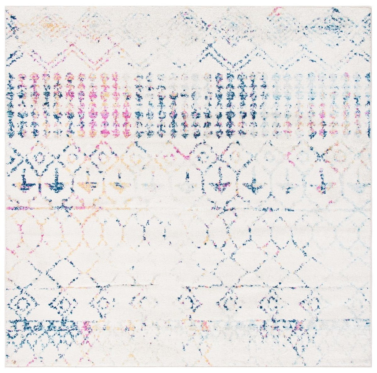 Boho-Chic Ivory/Blue Square Synthetic Area Rug, 6'7"