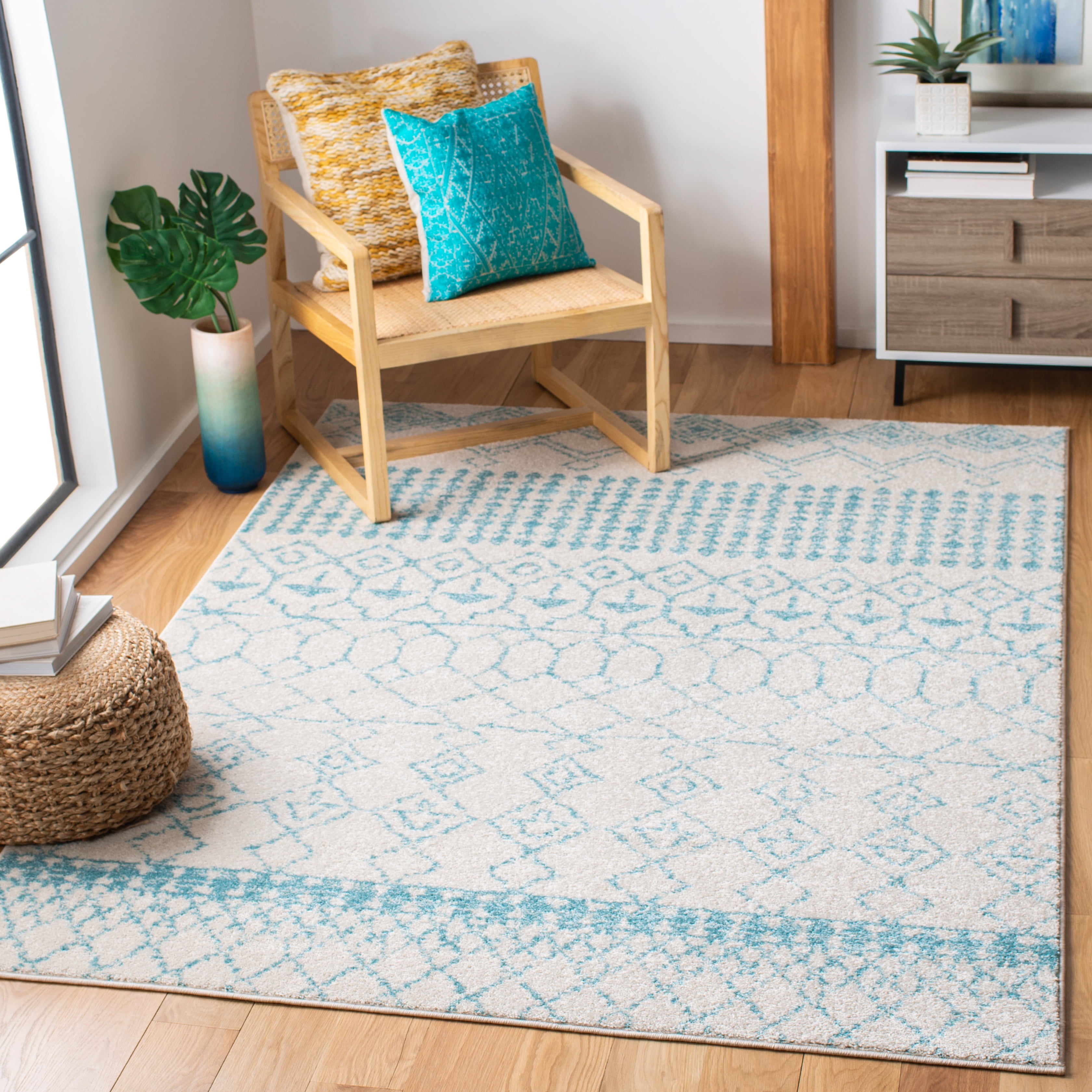 Ivory and Turquoise Synthetic 9' x 12' Moroccan Geometric Area Rug