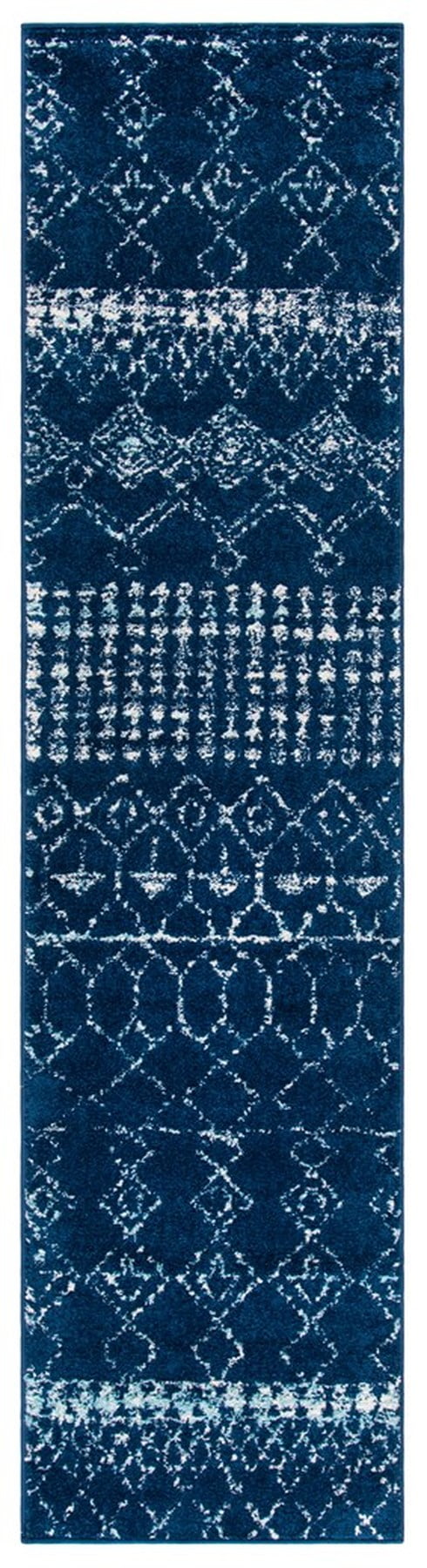 Navy and Ivory Synthetic Moroccan Runner Rug, 2' x 11'