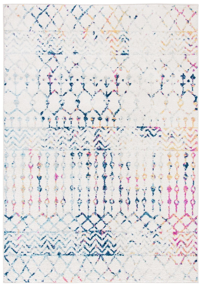 Ivory and Blue Geometric Moroccan Area Rug, 2' x 3'