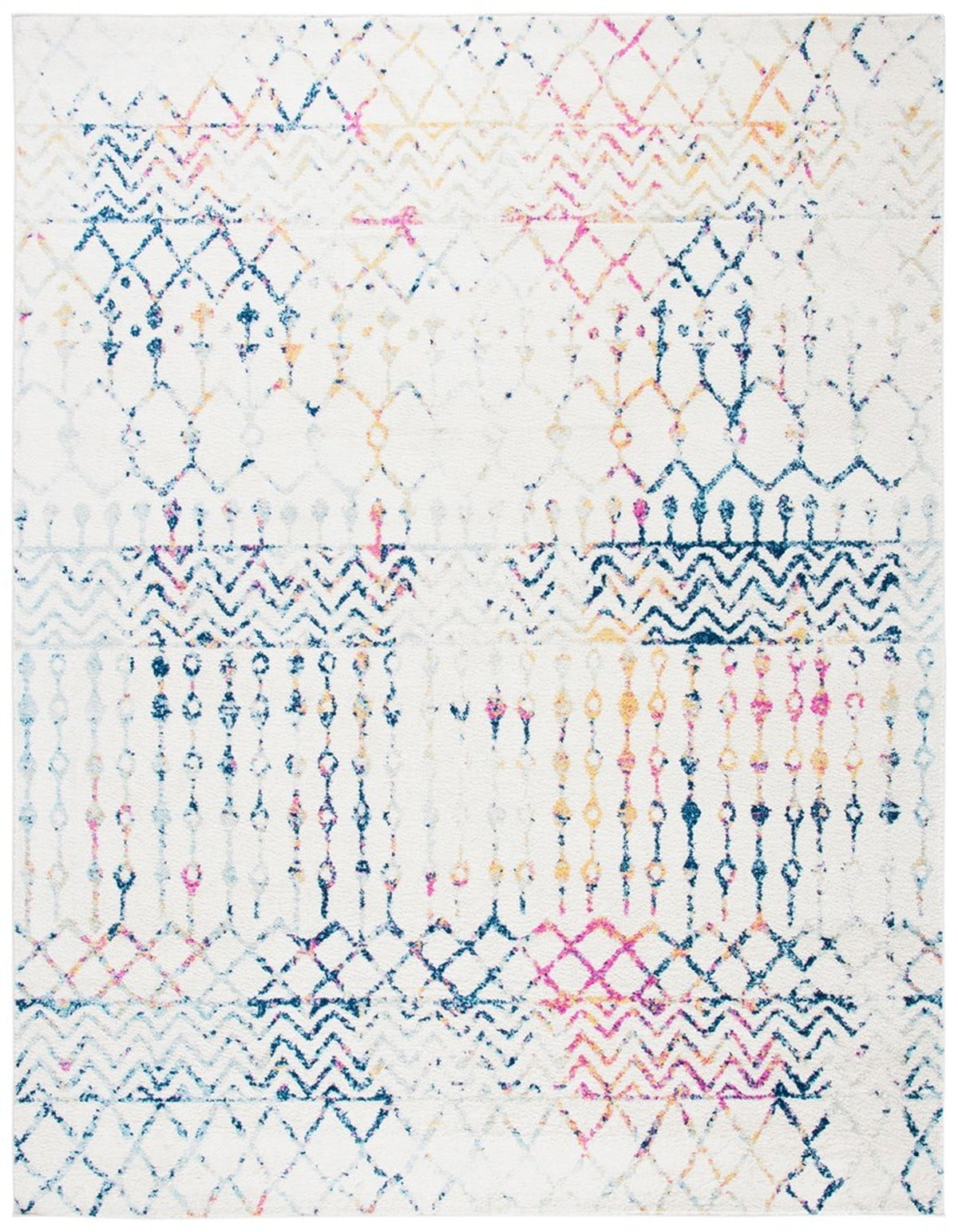Ivory and Blue Moroccan Boho Distressed Area Rug, 8' x 10'