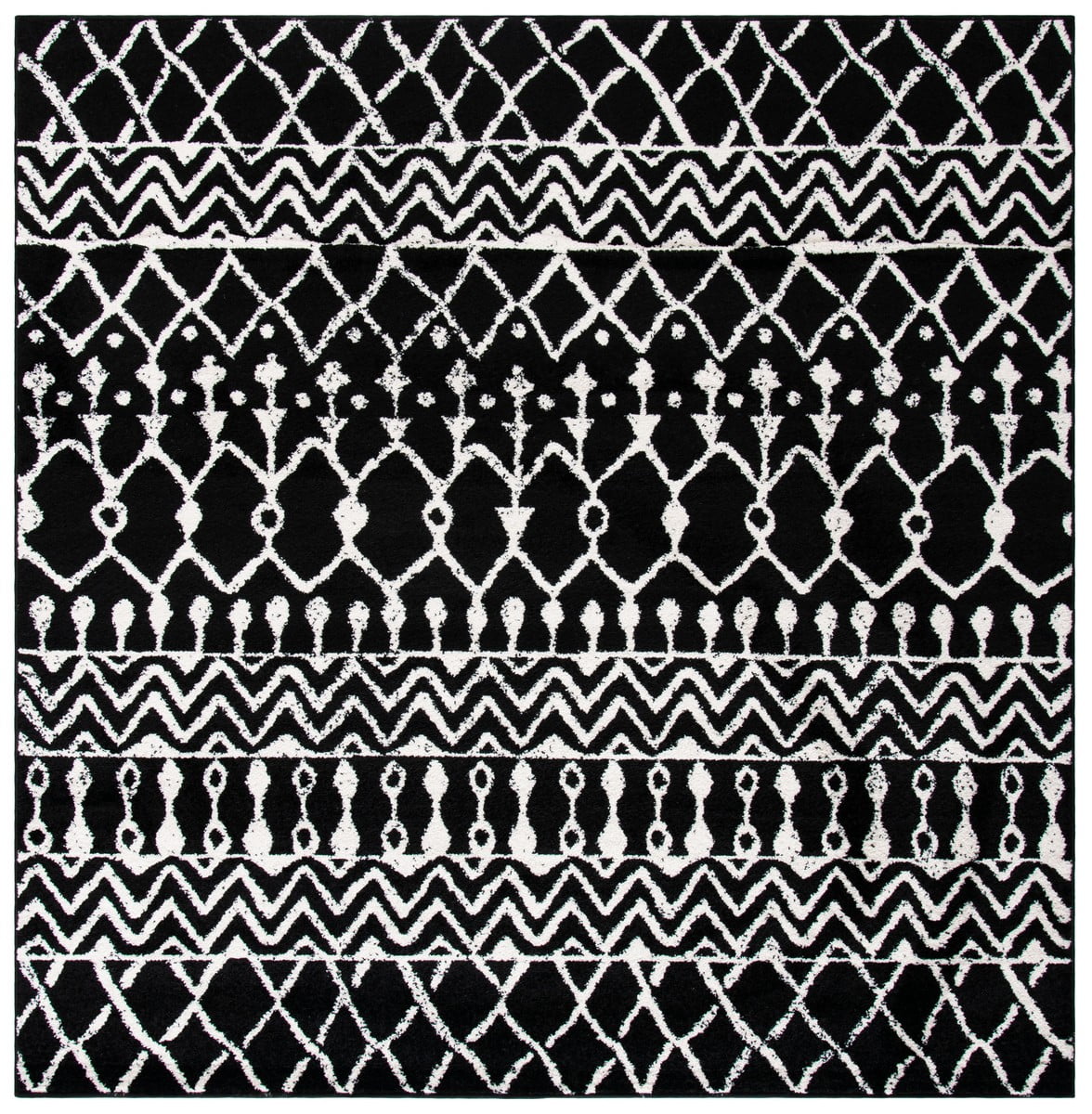 Hand-knotted Black and Ivory Square Synthetic Area Rug, 8'x8'