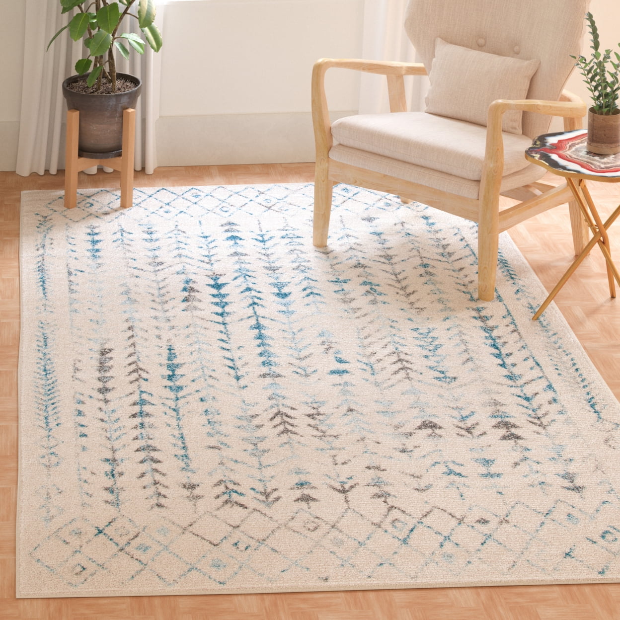 Ivory & Turquoise Boho-Chic 9' x 12' Hand-Knotted Synthetic Area Rug
