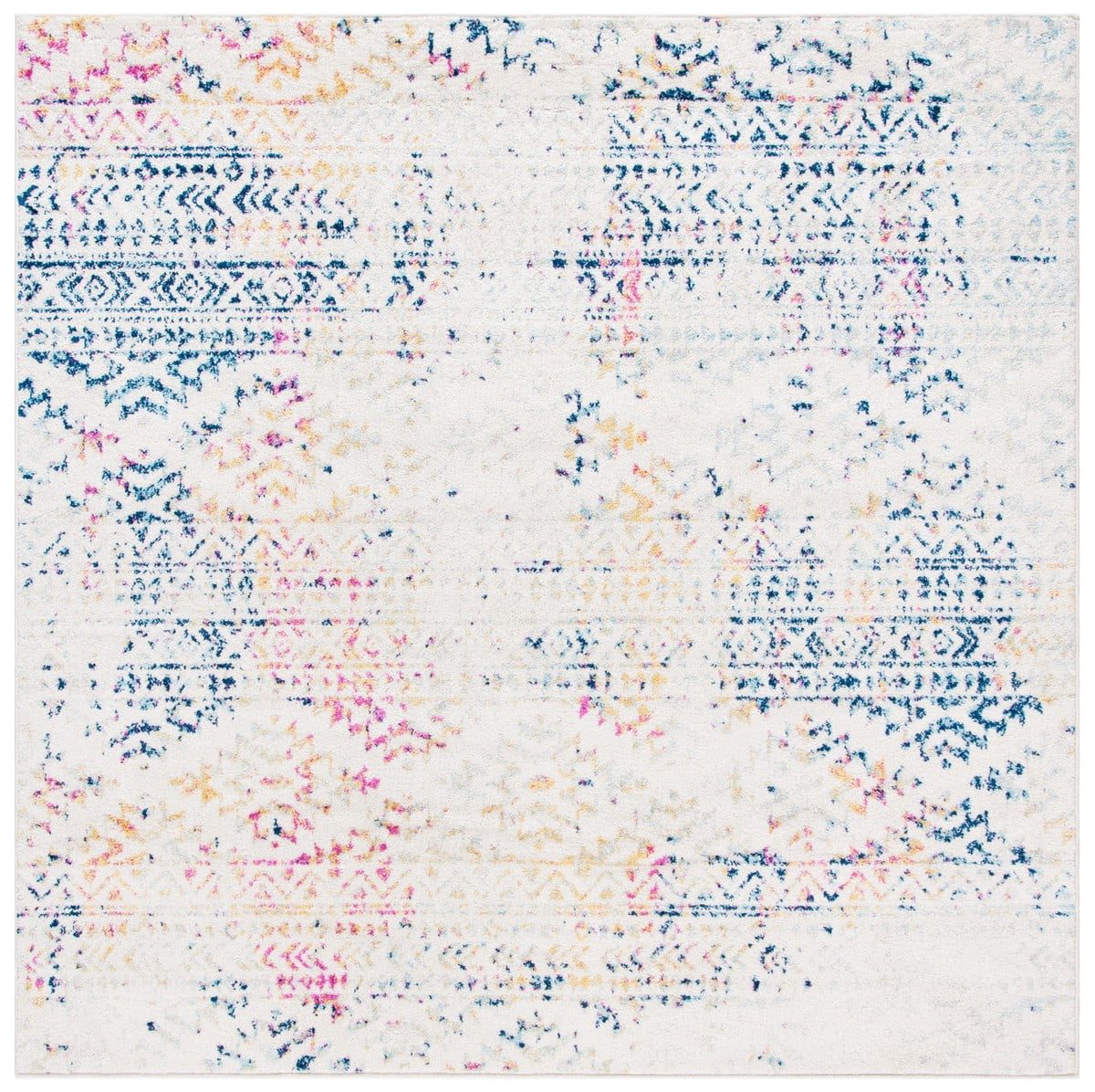 Ivory and Blue Hand-Knotted Square Synthetic Area Rug