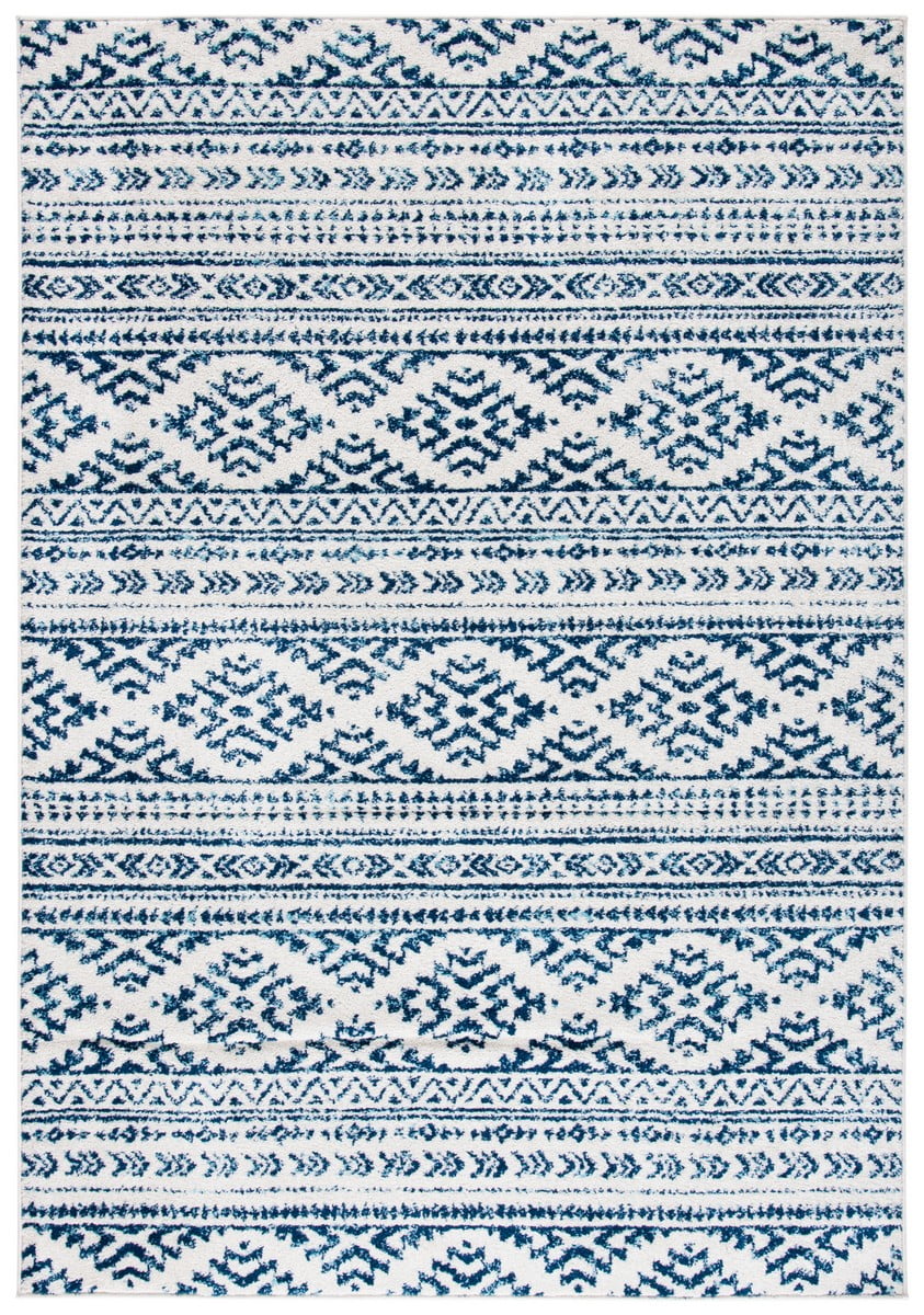 Ivory & Navy Boho-Chic Hand-Knotted Synthetic Area Rug 5'3" x 7'6"