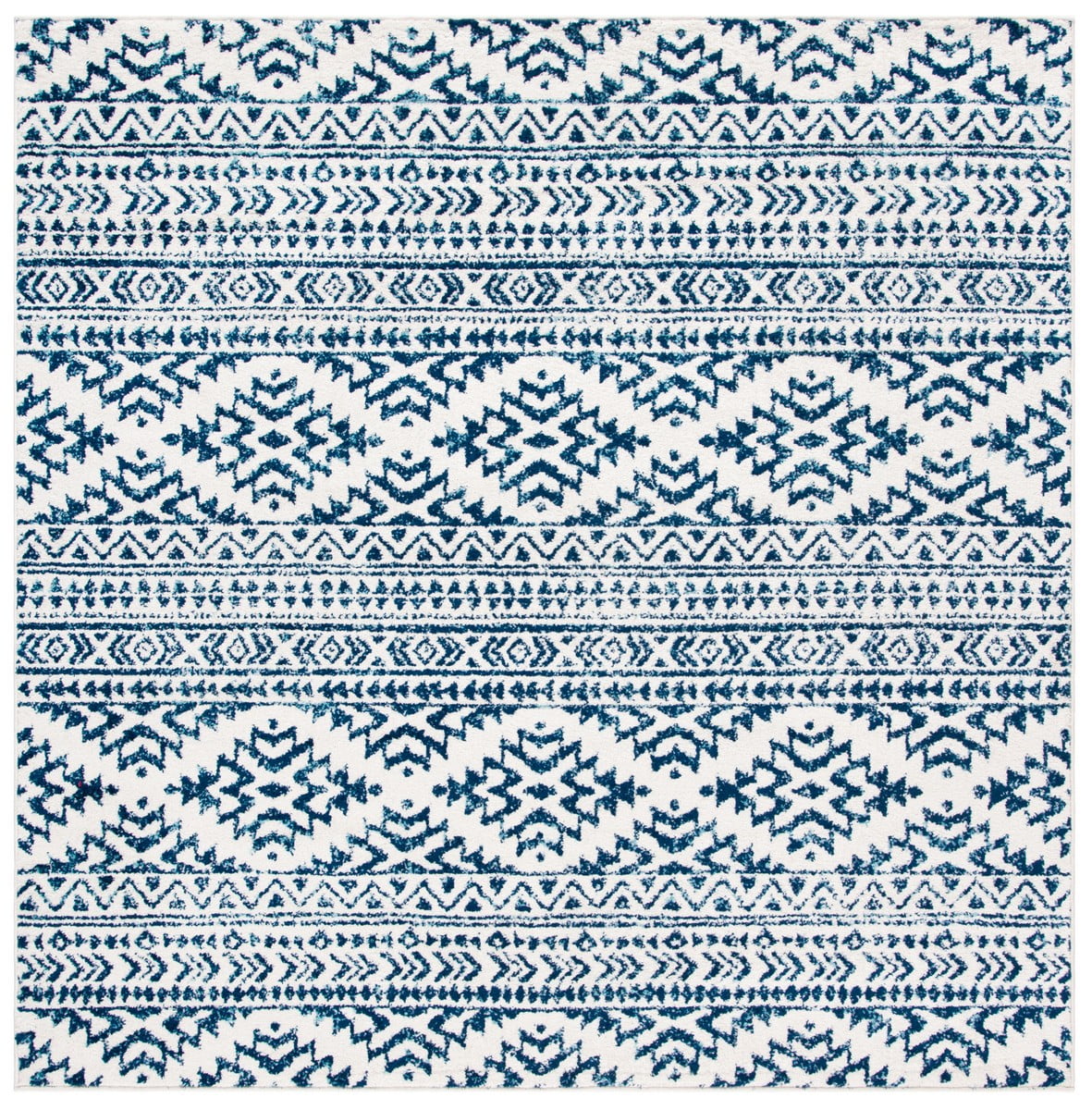Hand-Knotted Ivory/Navy Geometric Square Synthetic Area Rug