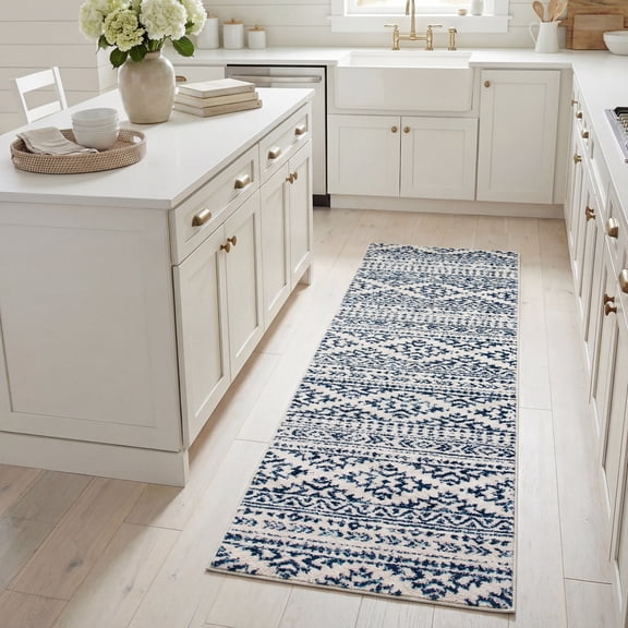 Safavieh Tulum Lakisha Oriental Runner Rug, Ivory/Navy, 2' x 21'