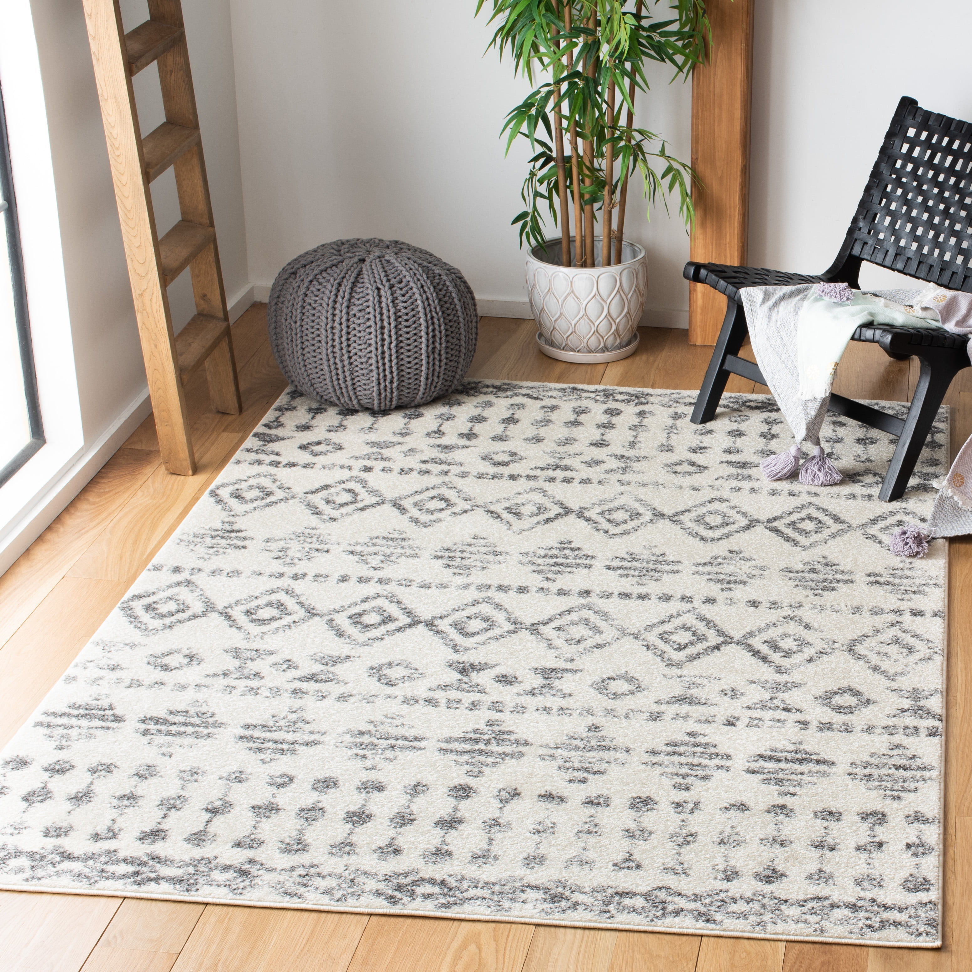 Ivory and Gray Geometric Hand-Knotted Rectangular Area Rug