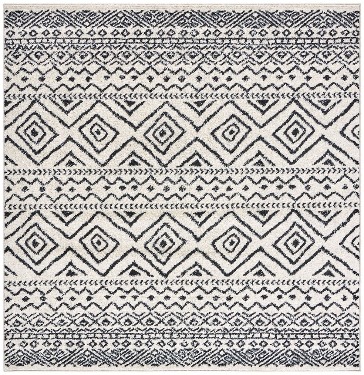 Ivory & Black Geometric Hand-Knotted Square Area Rug