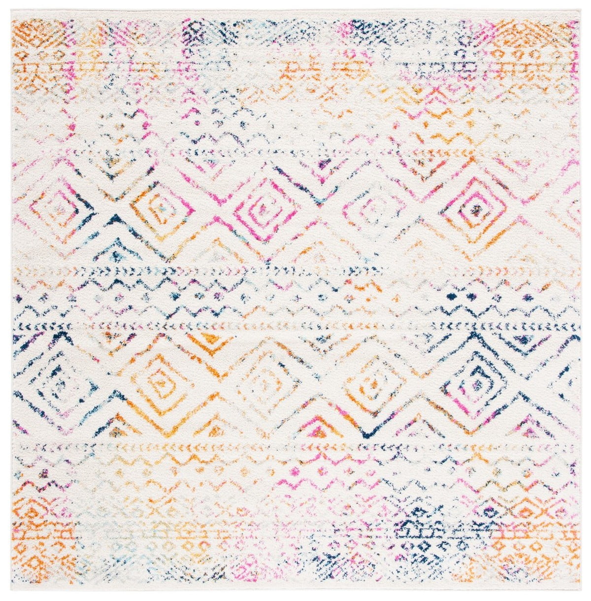 Ivory and Fuchsia Square Boho Chic Area Rug