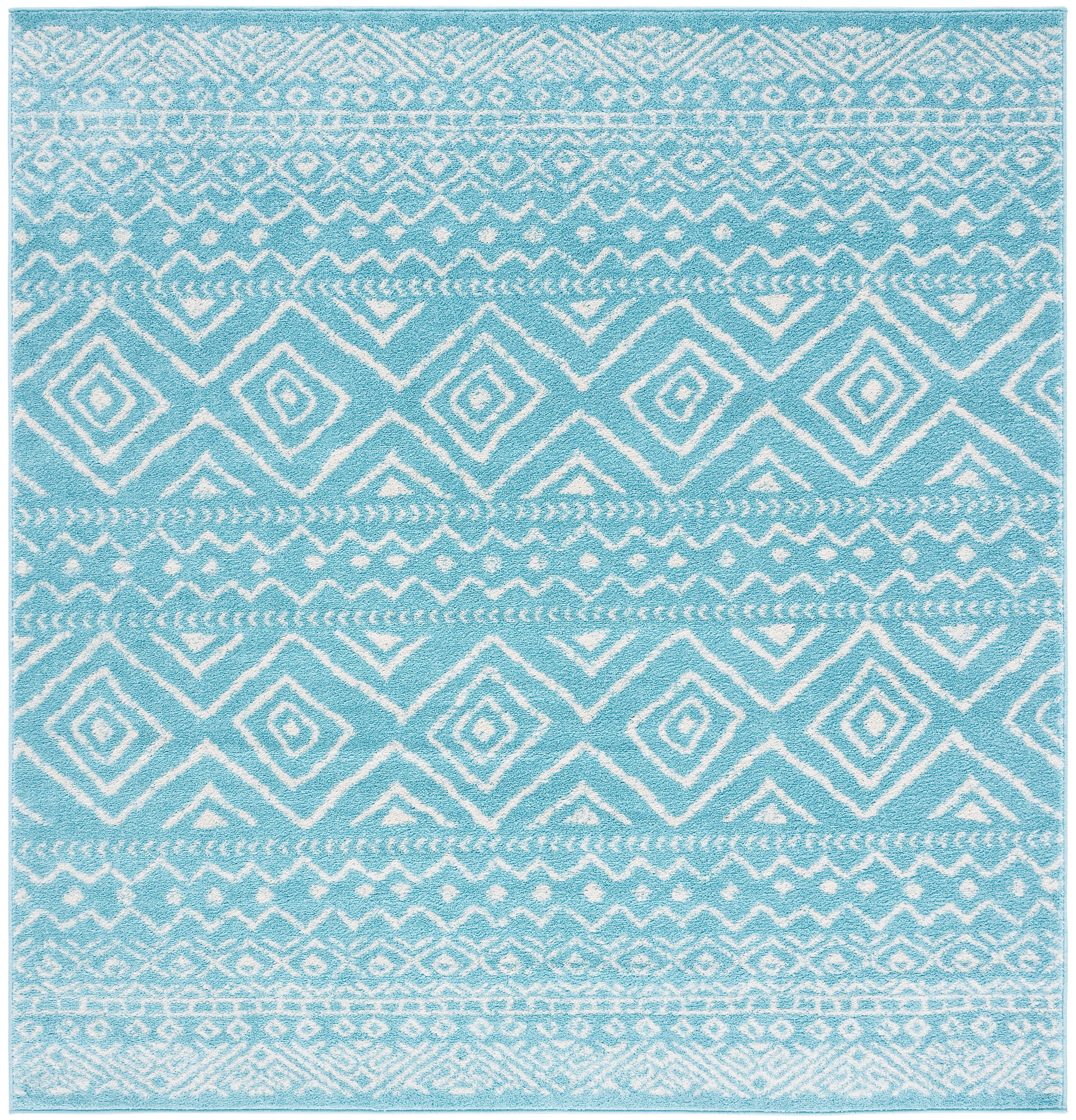 Turquoise and Ivory Geometric Synthetic Square Area Rug, 80" x 80"