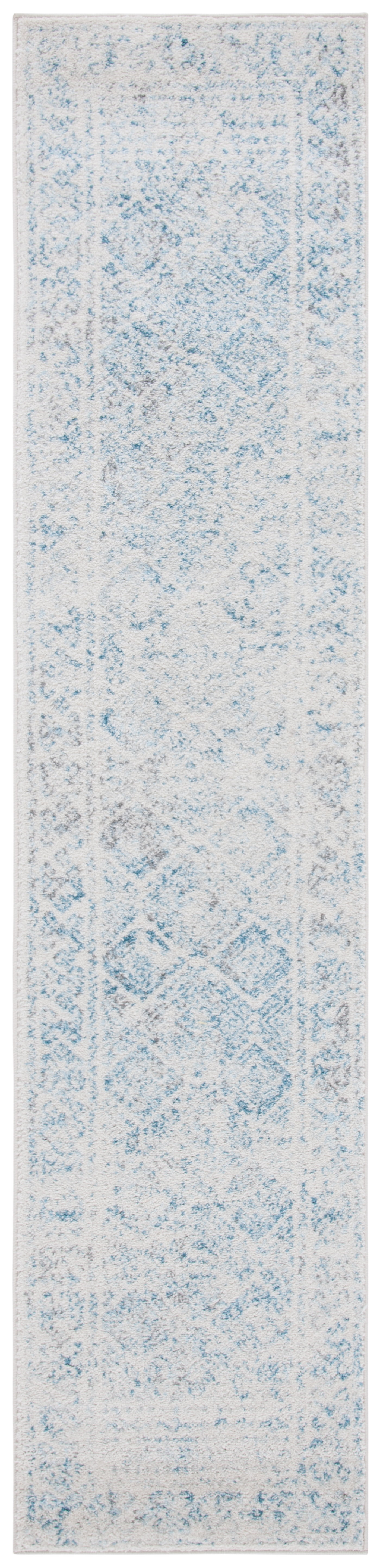 Ivory and Turquoise Geometric Hand-Knotted Runner Rug