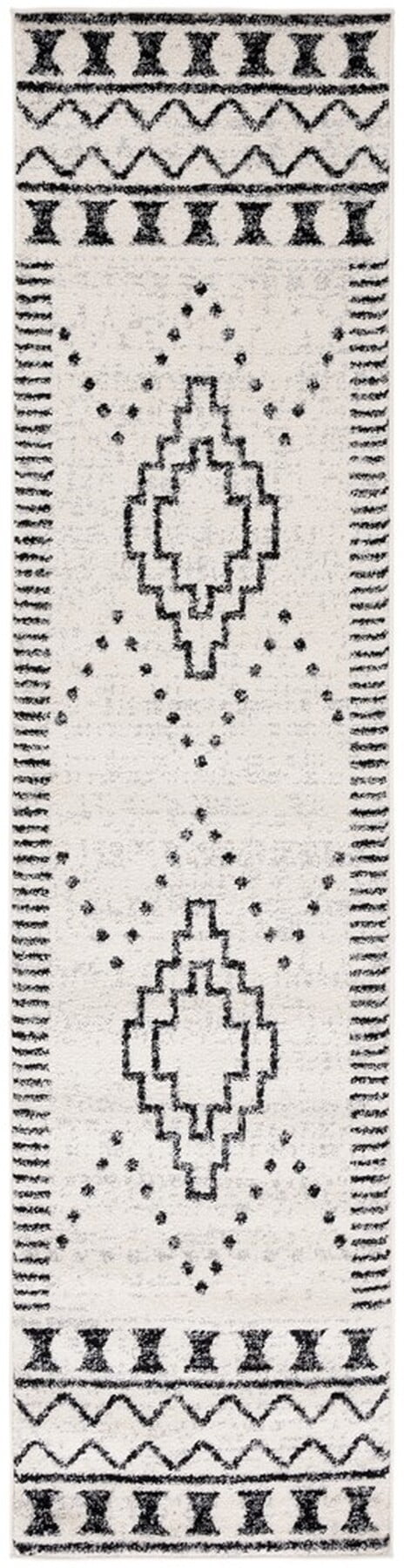 Boho-Chic Black and Ivory Geometric Runner Rug, 2'2" x 9', Hand-knotted Synthetic