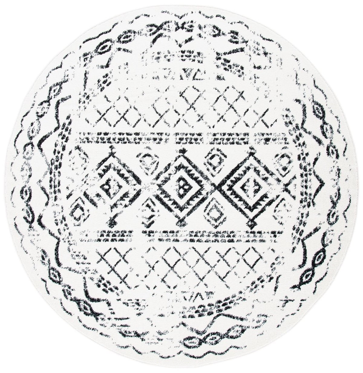 Ivory and Black Boho-Chic Synthetic 3' Round Area Rug