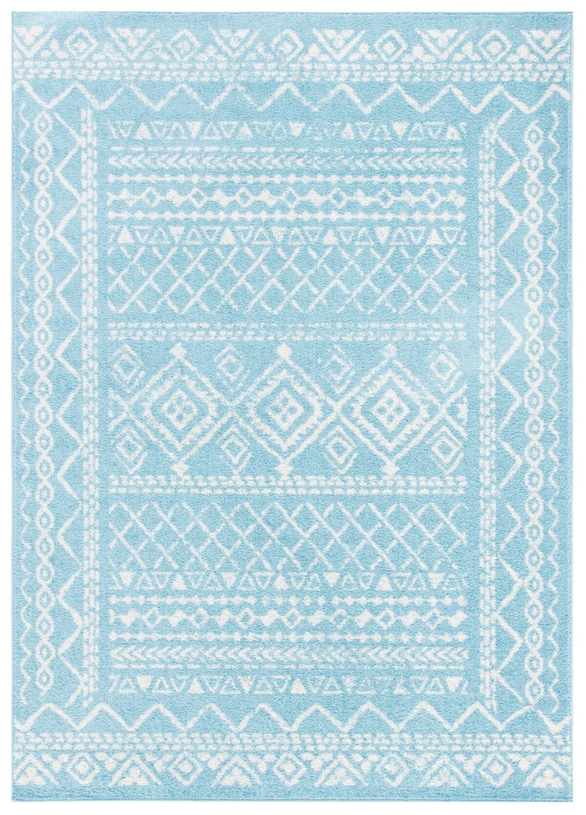 Turquoise and Ivory Rectangular Wool Boho Area Rug 5'3"x7'6"