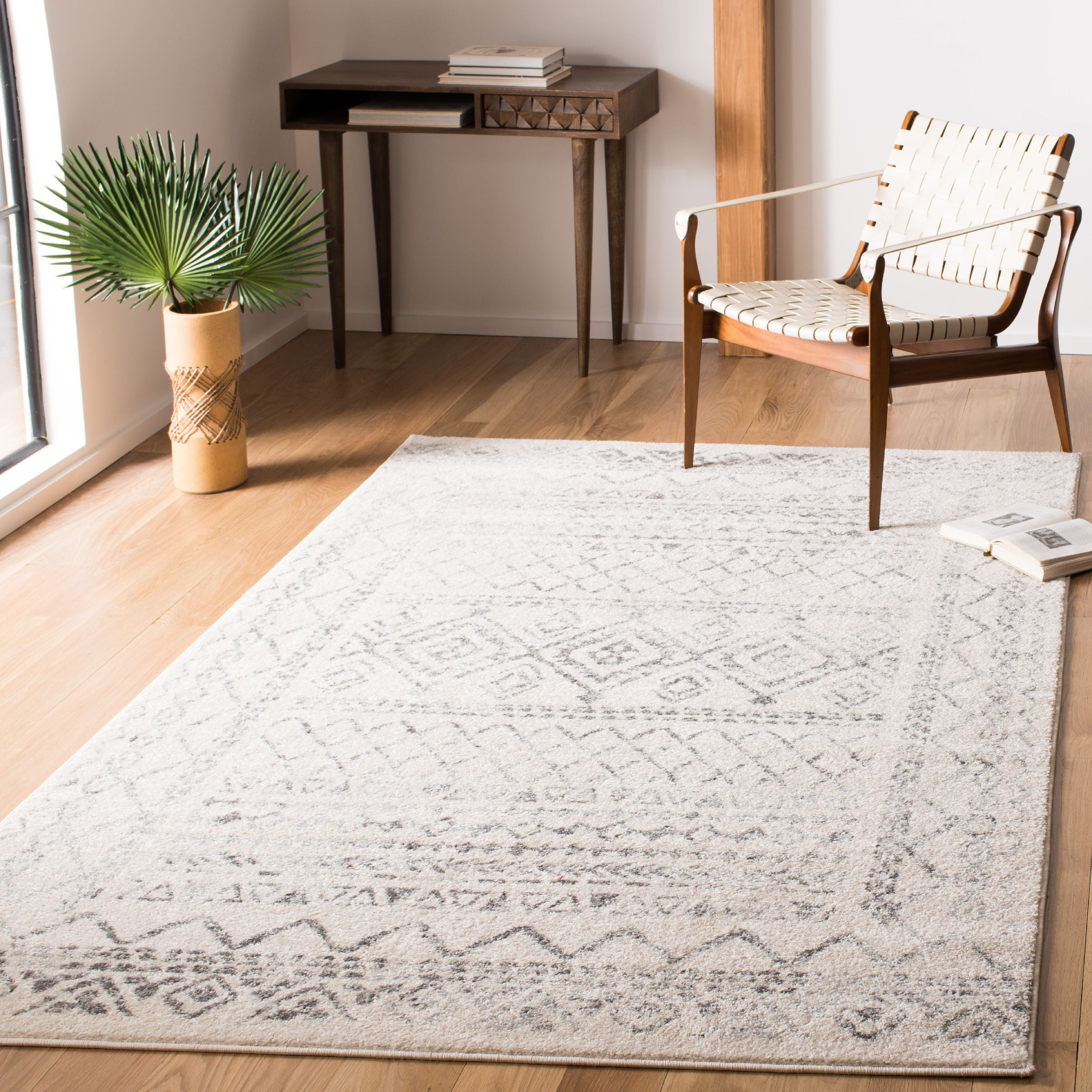Ivory Grey Hand-Knotted Synthetic Rectangular Rug - Easy Care 5'3" x 7'6"