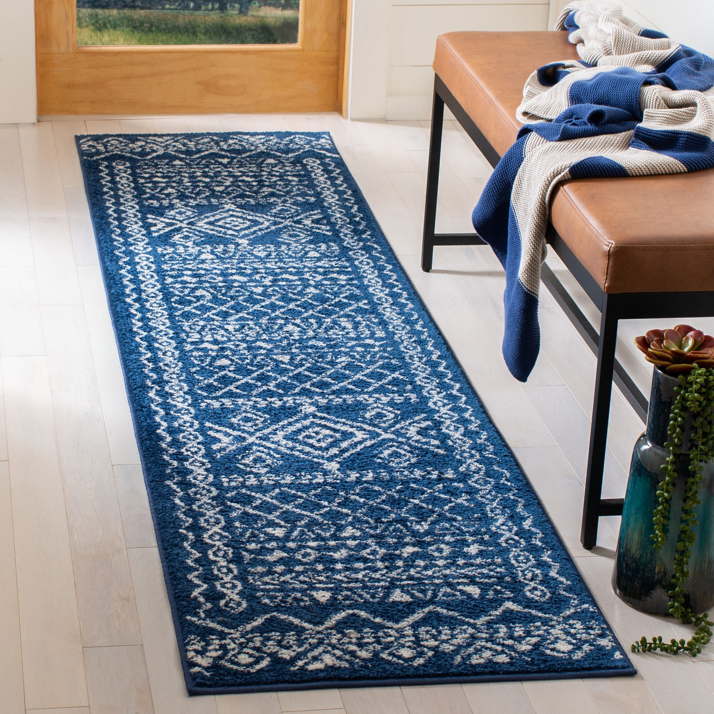 SAFAVIEH Tulum Ronald Distressed Runner Rug, Navy/Ivory, 2' x 13'