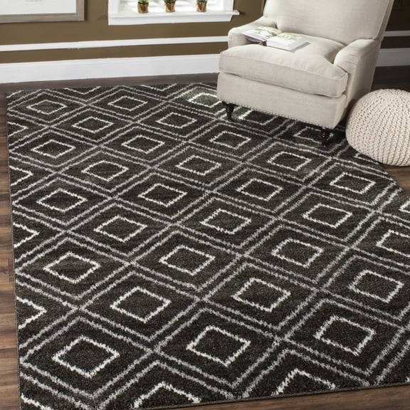 SAFAVIEH Tunisia Mandy Geometric Diamonds Area Rug, Anthracite/Cream, 6'7" x 9'2"