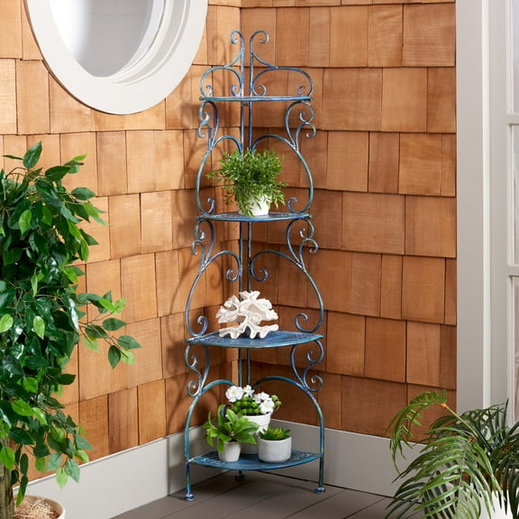 SAFAVIEH Turuca Outdoor Patio 4 Tier Corner Shelf Unit, Mossy Blue